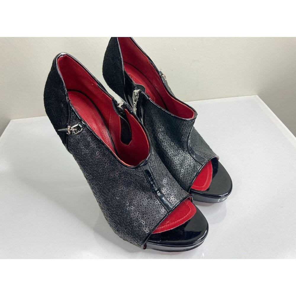 Cesare Paciotti Black and Red Sequin Peep-Toe High-Heel Booties - Picture 2 of 8